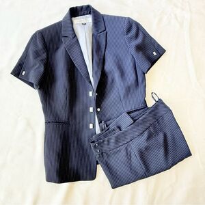 Tahari Womens Petite Jacket Pants Set Striped Office Casual Short Sleeve 4P